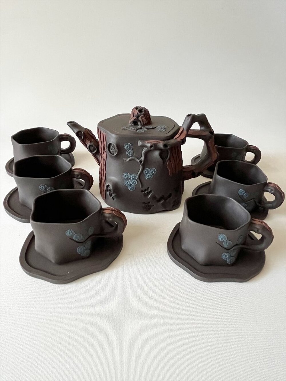Vintage Hand Carved Yixing Zisha Pine Tree Teapot Set Teapot Cups Saucers 13P